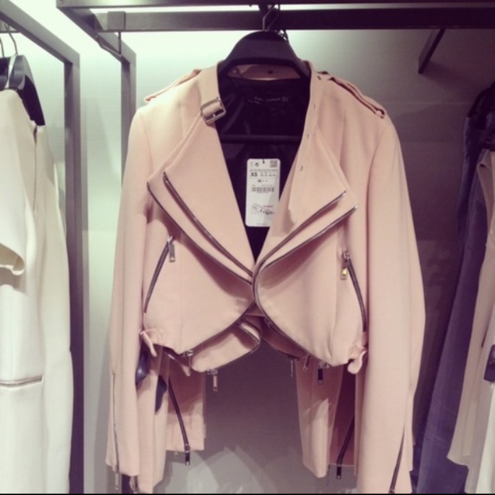 🤍 ZARA Pink Crop Short Zips Moto Jacket XS 2286/819